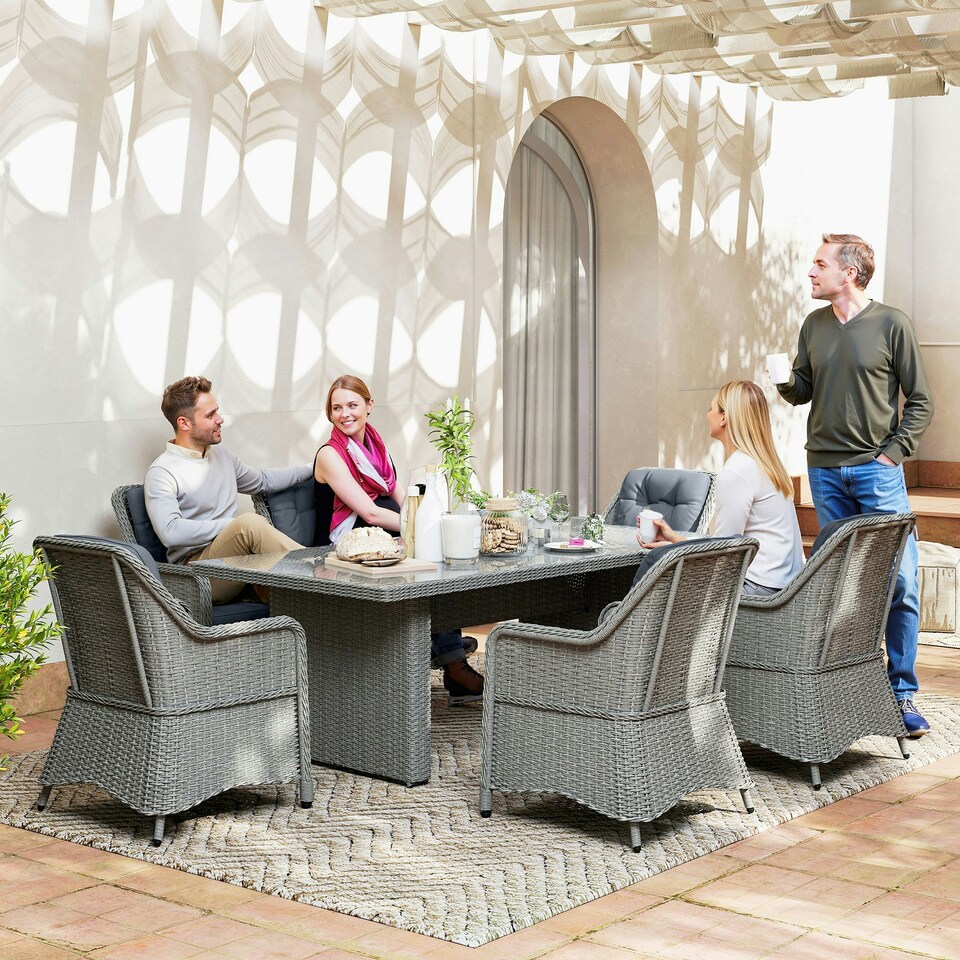 image 1 of Outsunny 6 Seater Rattan Dining Set with Glass Top Table and Cushions, Grey