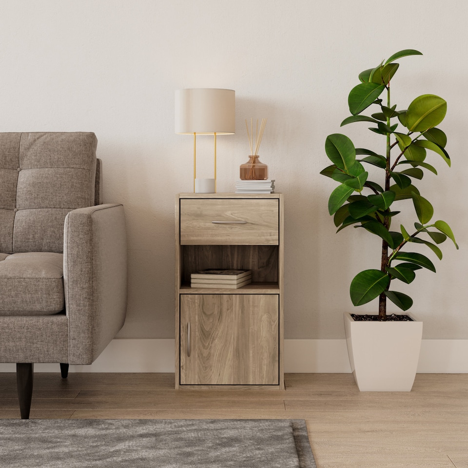 image 1 of 1-Drawer 1-Door Wooden Bedside Table | Brown | Unit Colour: Oak | 1
