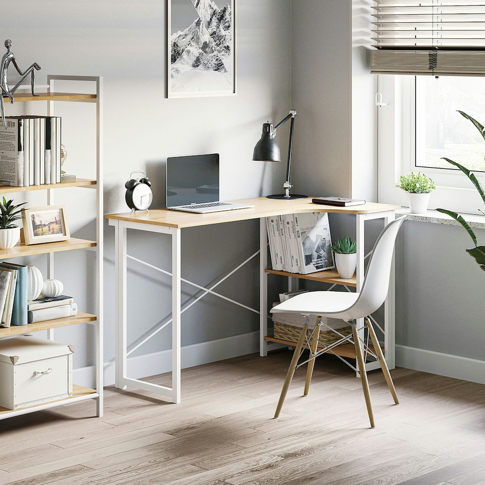 image 1 of HOMCOM L-Shape Folding Computer Desk Study Workstation with 2 Shelves Oak Tone