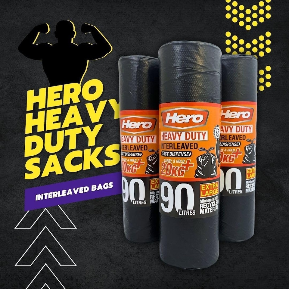 image 1 of Hero 90L Extra Heavy Duty Black Bin Bags – Strong Refuse Sacks | 12 Bags per Roll for Household, Garden & Commercial Use