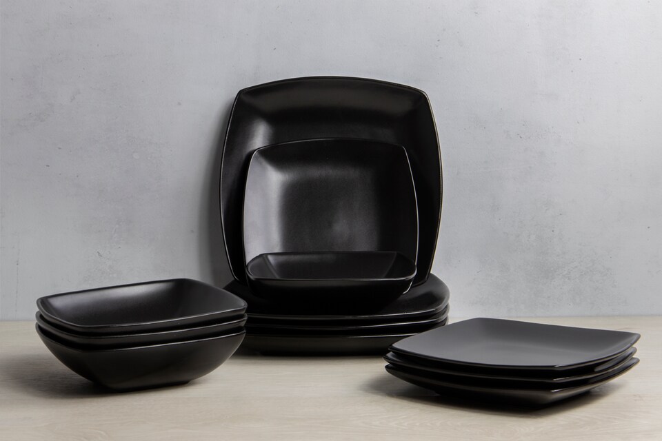 image 1 of Creative Tops Raven 12 Piece Black Stoneware Square Dinner Set