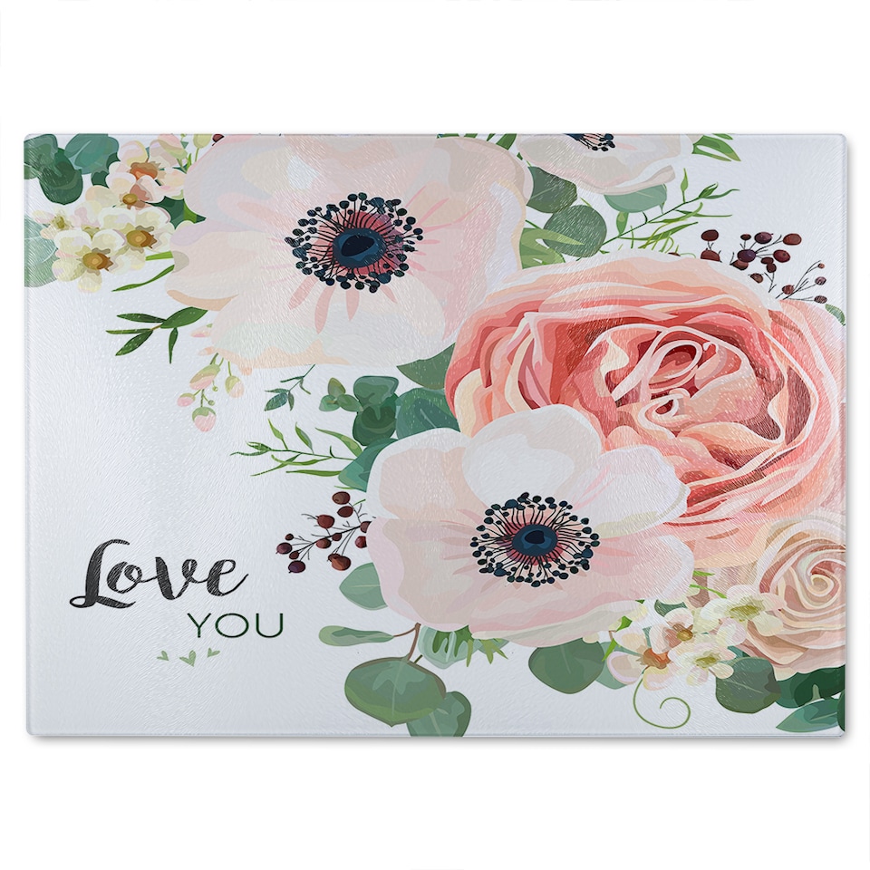 image 1 of Garden Flower Pink Peach Rose White Anemone Glass Chopping Board | Multi