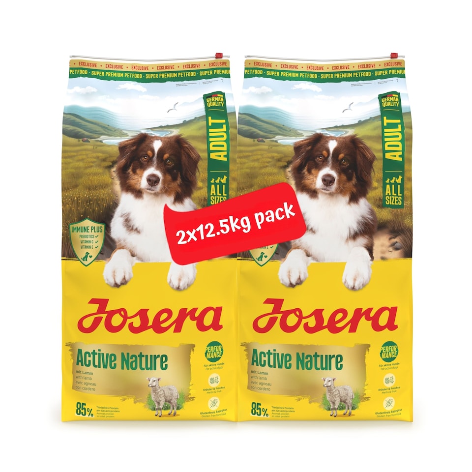 image 1 of Josera Active Nature complete dry dog food | Active dogs | All sizes | High meat | Gluten free | Herbs & fruits | Joint support | Immune Plus | 2x12.5kg pack