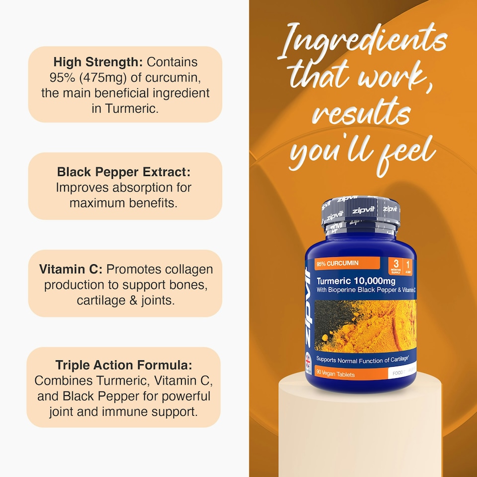 image 1 of Zipvit Turmeric 10,000mg – High Strength with Vitamin C & BioPerine®, 90 Vegan Tablets, 3-Month Supply