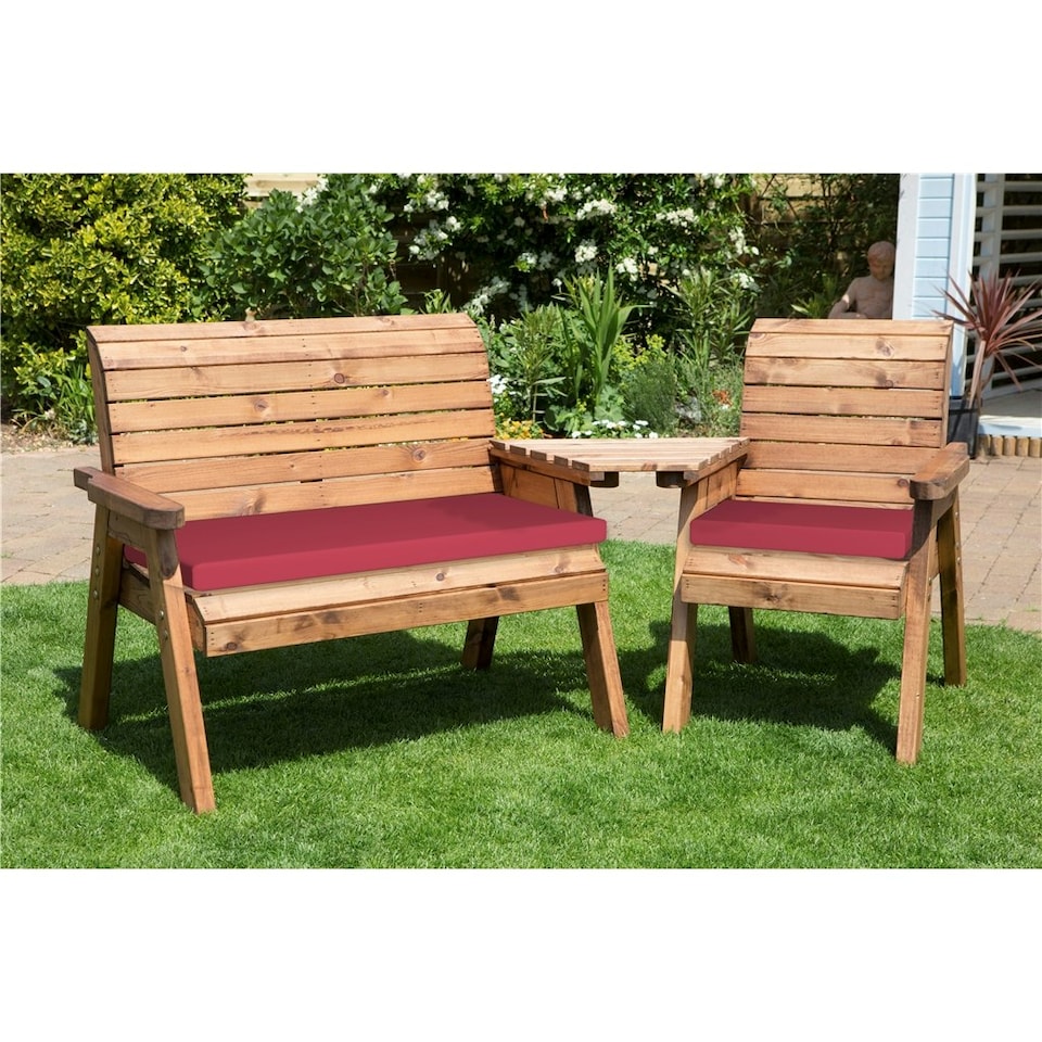 image 1 of Wooden 3 Seat Angled Companion Set With 1 x Bench Cushion Burgundy ,1 x Chair Cushion Burgundy & 1 x Fitted Cover