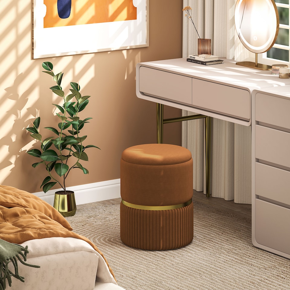 image 1 of HOMCOM Round Storage Stool, Velvet-feel Fabric Upholstered Vanity Stool with Removable Top, Padded Seat and Hidden Space for Living Room, Bedroom, Light Brown | Brown | Light Brown