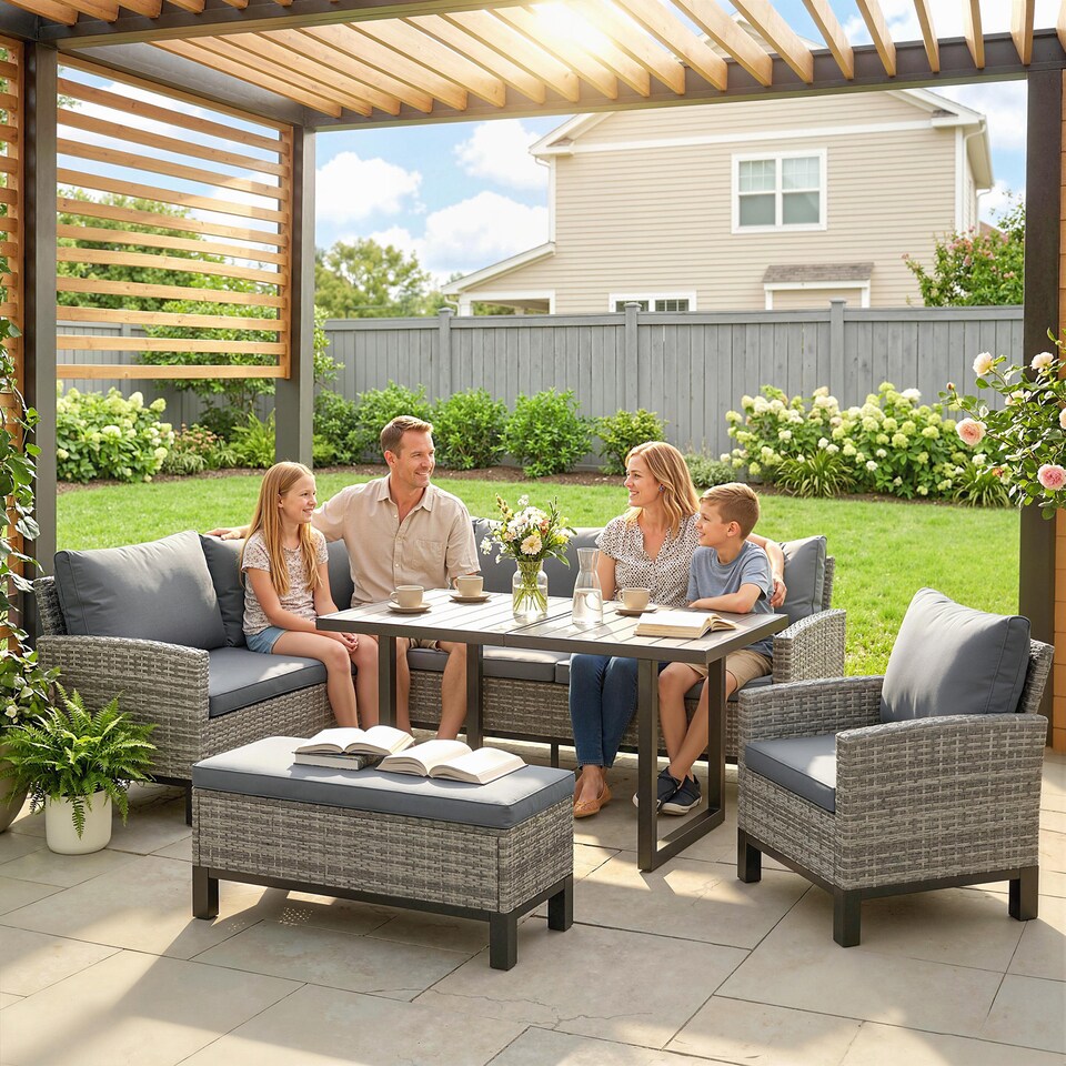 image 1 of Outsunny Rattan Garden Furniture Sofa Set, Outdoor Dining Set for 9, Grey | Grey | Dark Grey | 171 x 67 x 77 cm