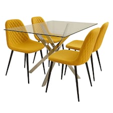 Modern Round Glass Dining Table Set with 4 Mustard Leather Chairs Dining Room Furniture