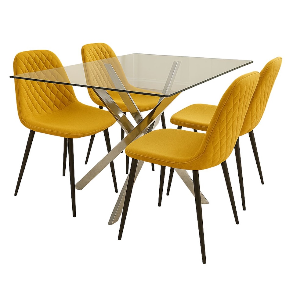 image 1 of Modern Round Glass Dining Table Set with 4 Mustard Leather Chairs Dining Room Furniture