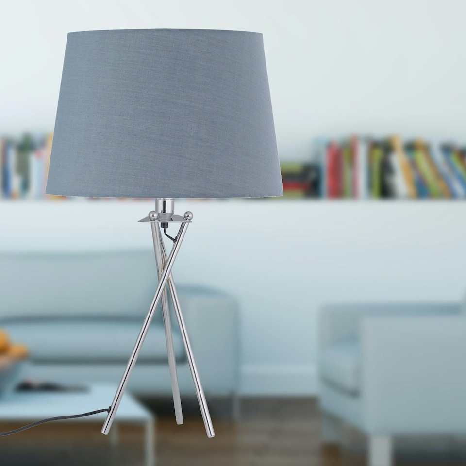 image 1 of First Choice Lighting Set of 2 Tripod Table Lamps with Grey Cotton Fabric Shades Chrome | Grey