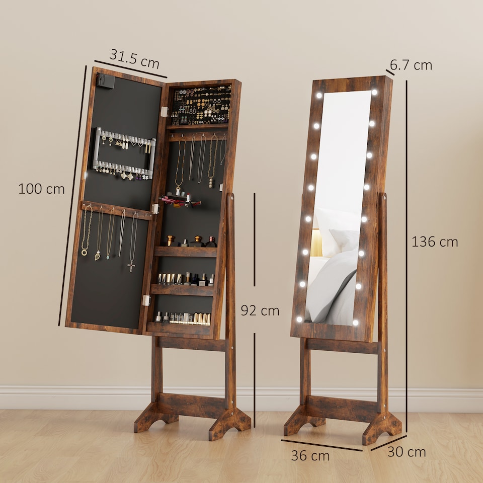 image 1 of HOMCOM Freestanding Mirror Jewelry Cabinet with LED Lights, Jewellery Organiser with 3 Angle Adjustable, Full-Length Mirror with Storage for Earrings, Necklaces, Rings and Lipsticks, Rustic Brown | Brown | Rustic Brown