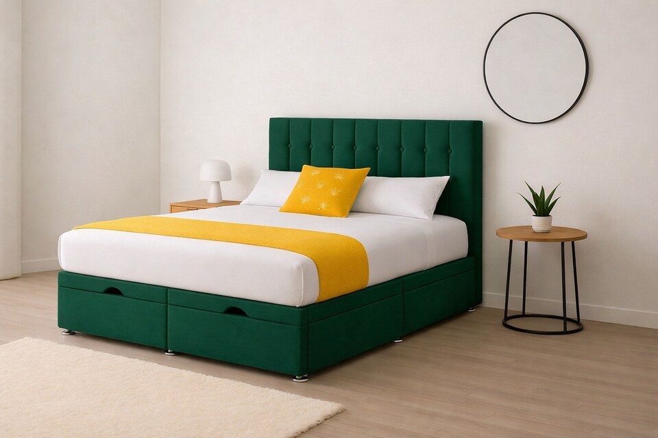image 1 of Ottoman Green Plush 4ft Small Double Bed With Headboard and Mattress Set