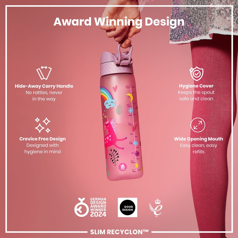 image 1 of Leak Proof Slim Water Bottle, BPA Free, 500ml (18oz) | Pink | Unicorns | One Size