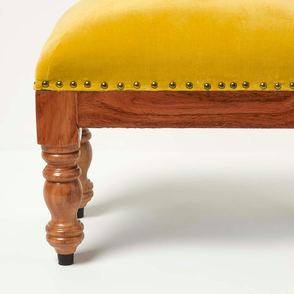 image 1 of Homescapes Mable Mustard Yellow Velvet Rectangular Footstool
