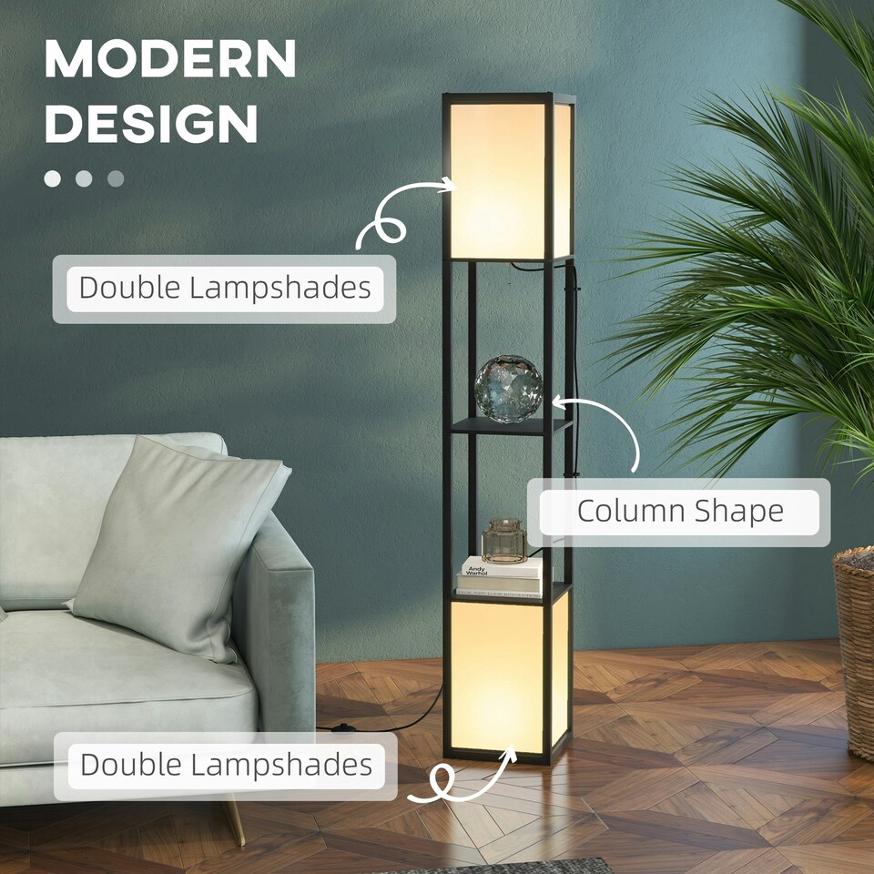 image 1 of HOMCOM Shelf Floor Lamp with Dual Light, for Living Room, Bedroom, Black