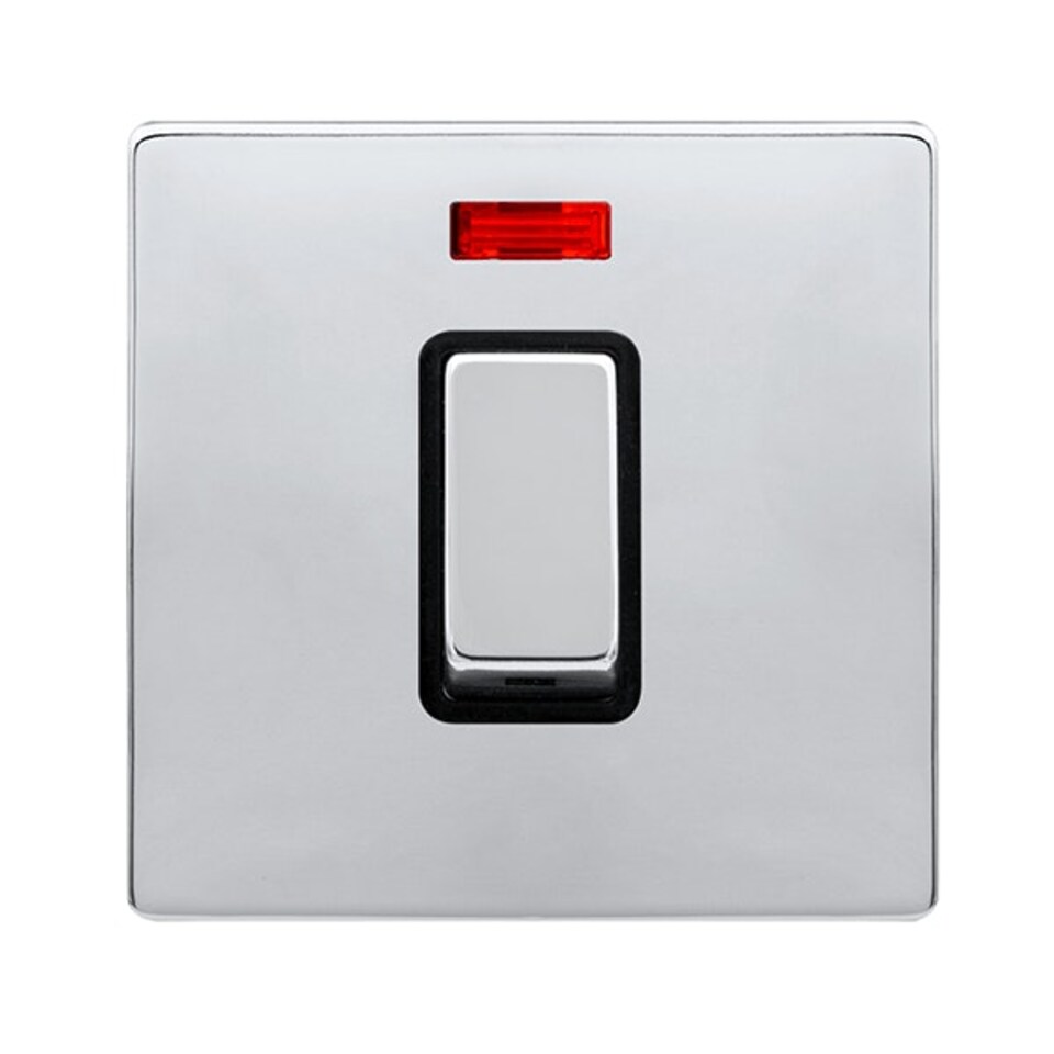SE HOME Polished Chrome Screwless Plate 1 Gang Ingot Size 45A Switch With Neon - Black Trim - SE Home Black | Polished