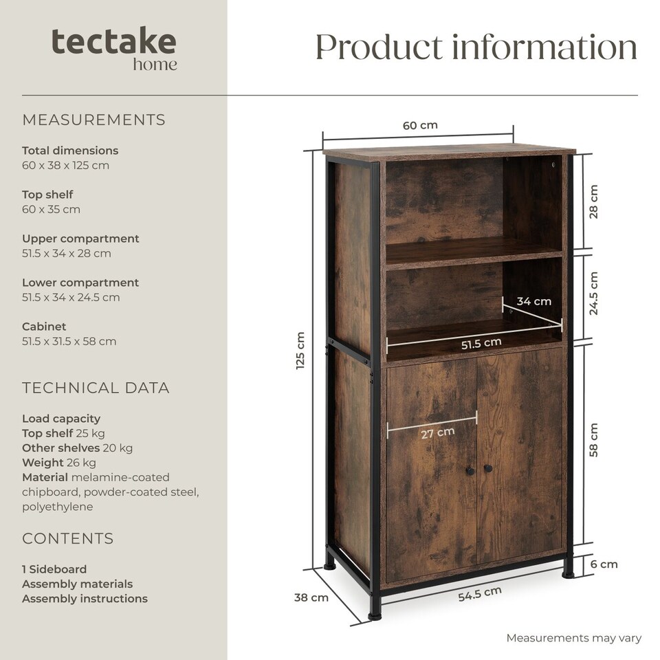 image 1 of Display Cabinet Doncaster - open shelving, 2 cupboards, adjustable shelves | Brown | Industrial wood dark, rustic | 60 x 38 x 125 cm | 1
