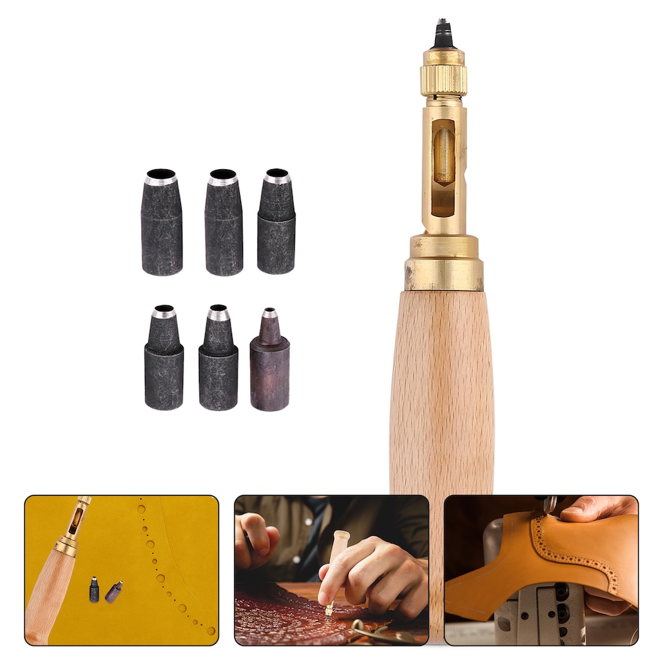 image 1 of 1.5-4mm Automatic Hole Punch Cutter Tool with 6 Tips Brass Wood Handle