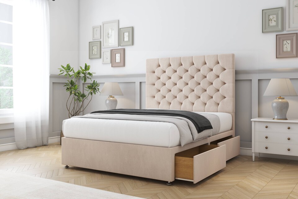 image 1 of Sloomy Mayfair Sand Naples Divan Bed Base 4 Drawers With 54 Inch Floor Standing Headboard | Cream | Sand | Super King | 1