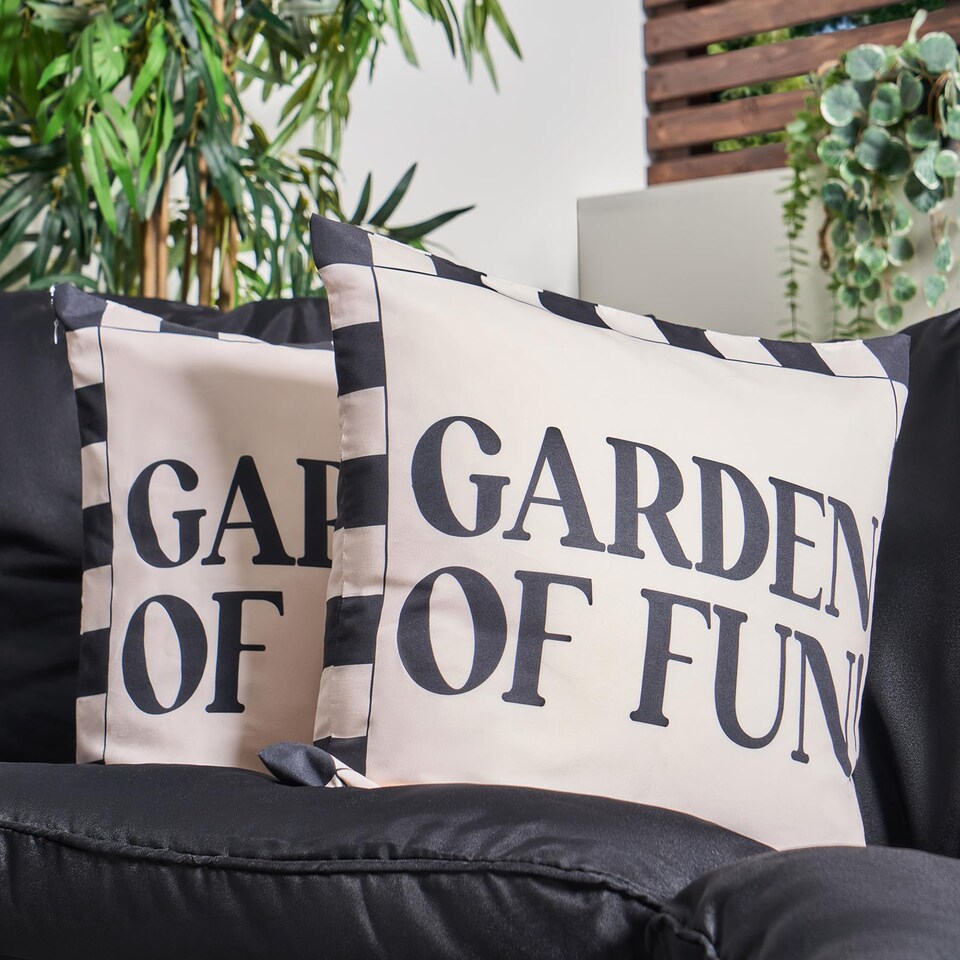 image 1 of OHS 2 x Garden of Fun Slogan Garden Cushion Covers Outdoor Water Resistant