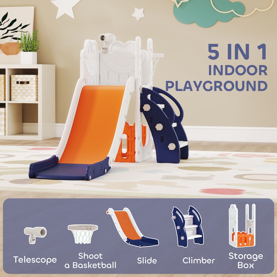 image 1 of AIYAPLAY 5 in 1 Toddler Slide Set with Basketball Hoop for Age 1-3, Orange