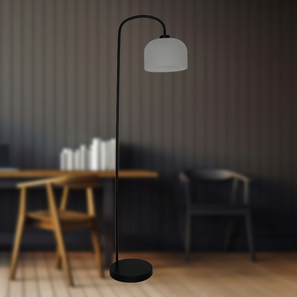 image 1 of Francine - Black Arched Floor Lamp with Frosted Glass Shade Black | White