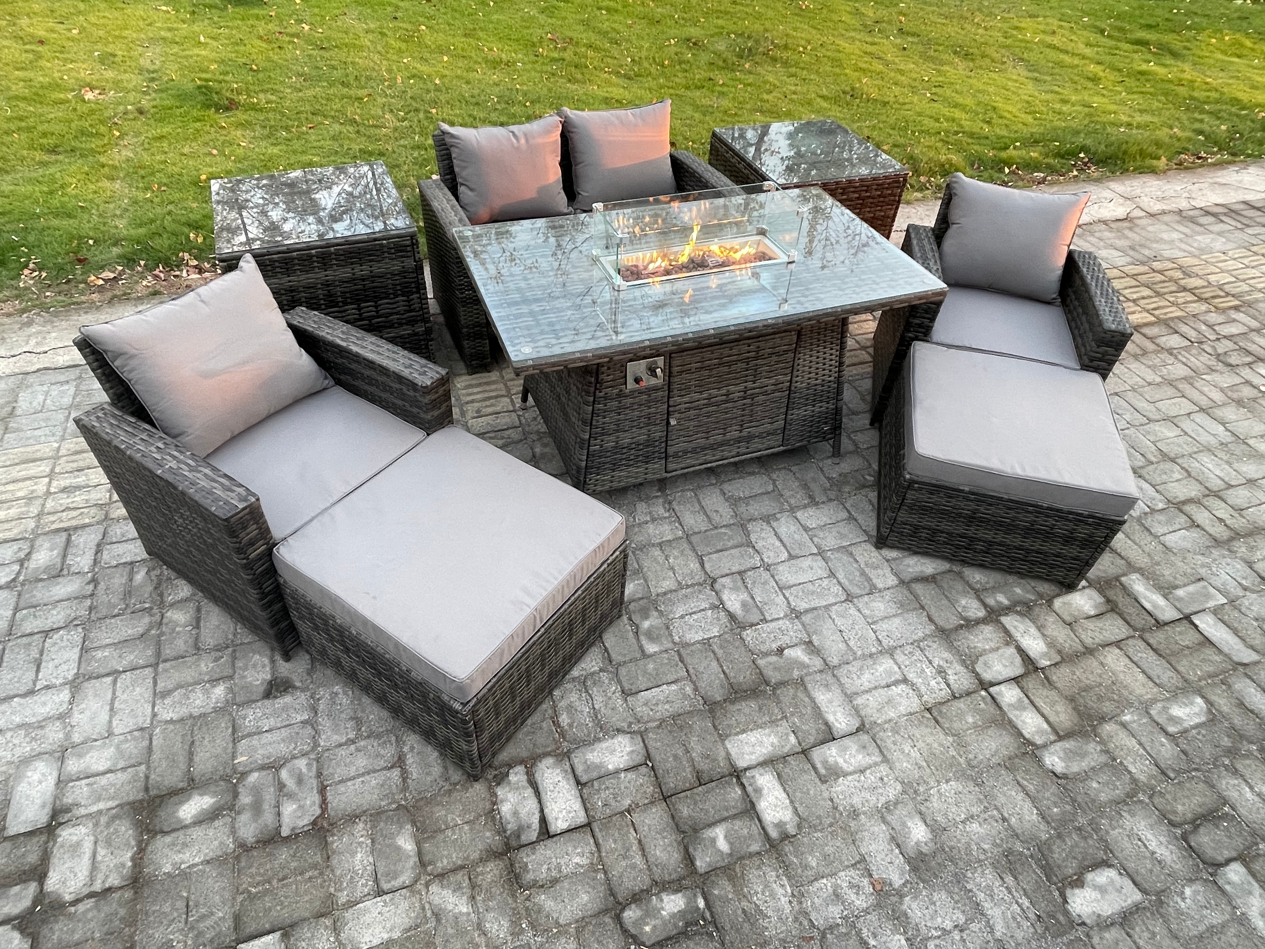 Fimous Outdoor Garden Dining Sets 6 Seater Rattan Patio Furniture Sofa Set with Gas Firepit Table 2 Big Footstool 2 Side Tables Dark Grey Mixed