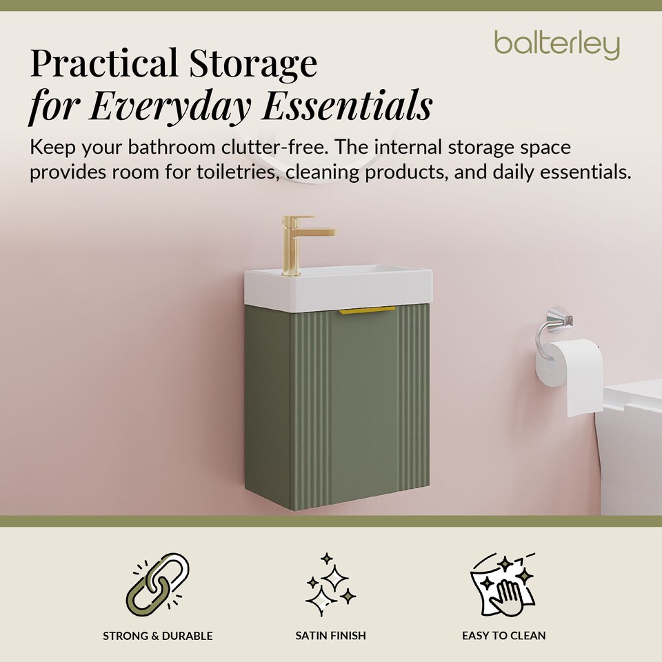 image 1 of Balterley Wall Hung Cloakroom Vanity Basin Unit with Handle Compact Bathroom Storage | Green | Satin Green | 438 x 400 x 222mm | 1
