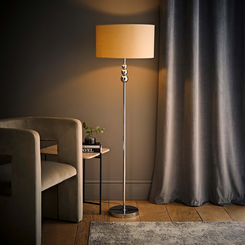 image 1 of ValueLights Marissa Natural Fabric Shade with Chrome Stacked Ball Floor Lamp | Cream