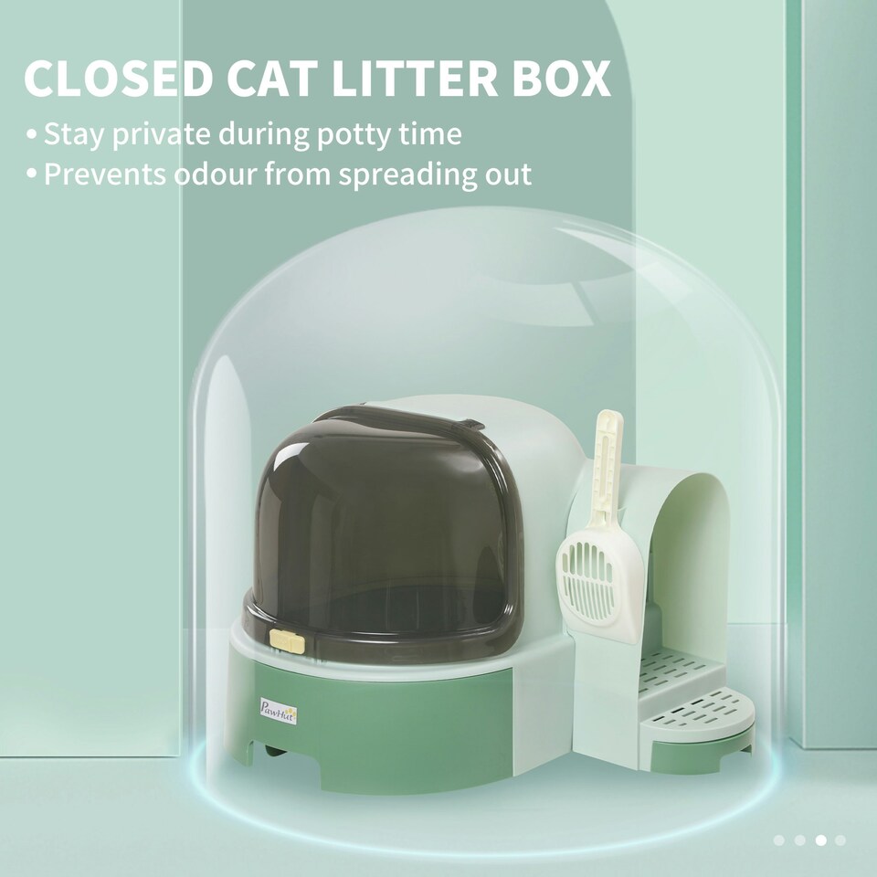 image 1 of PawHut 2 In 1 Cat Litter Tray w/ Drawer Pans, Scoop, Openable Cover - Green