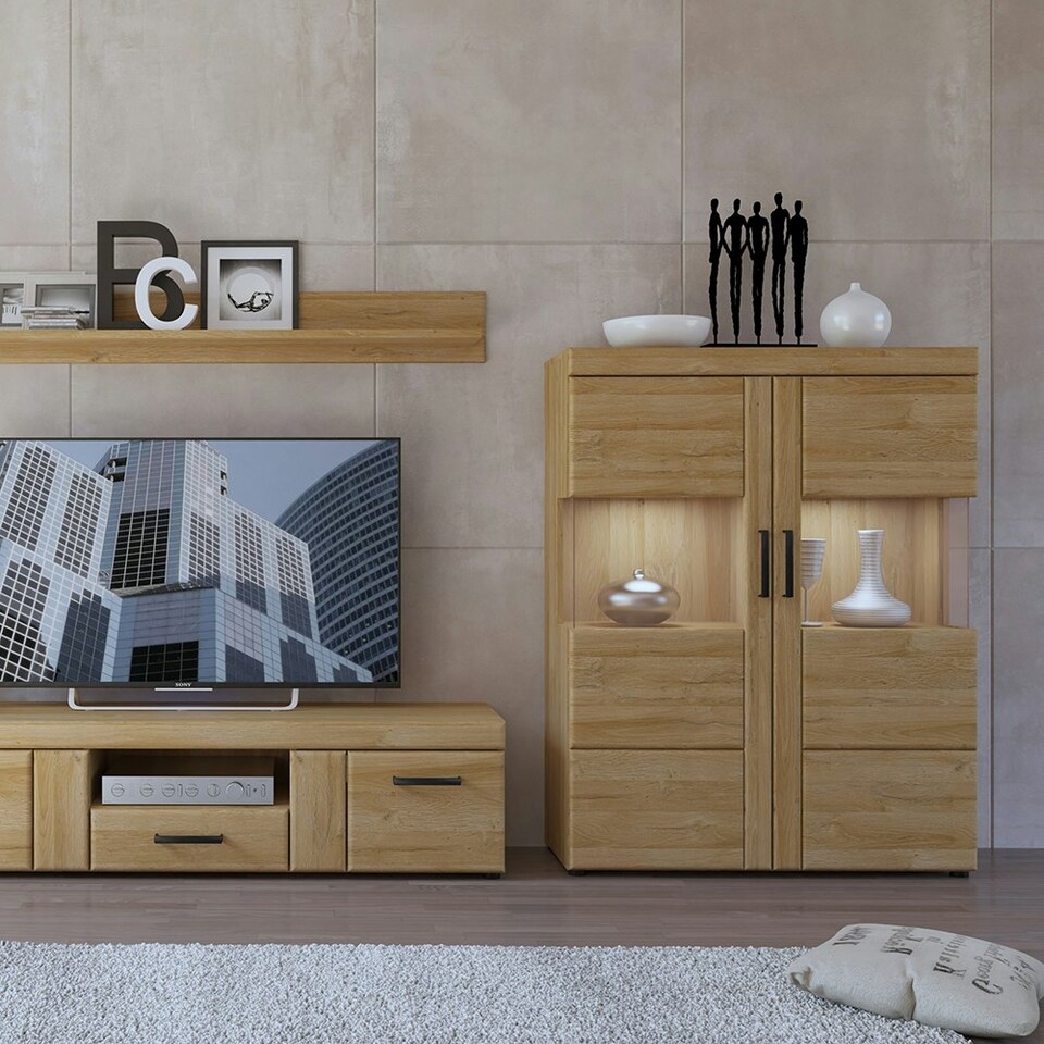 image 1 of Cortina Low Wide 2 Door Display Cabinet in Grandson Oak