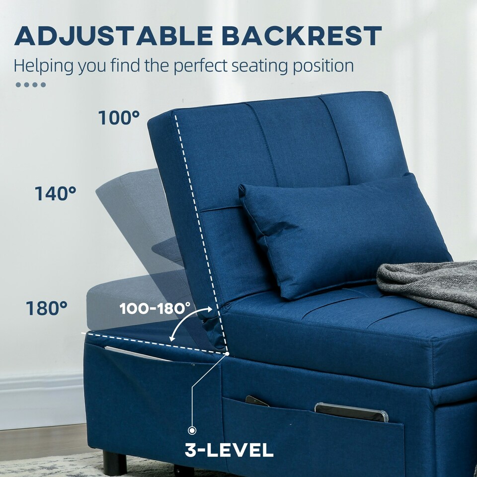 image 1 of HOMCOM Folding Sofa Bed Adjustable Single Sleeper w/ Pillow Side Pocket, Blue