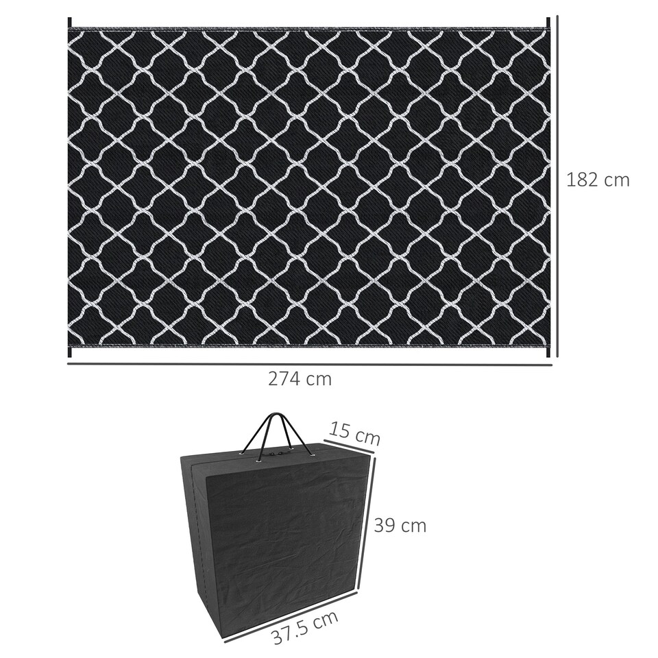 image 1 of Outsunny Reversible Waterproof Outdoor Rug W/ Carry Bag, 182 x 274 cm Black | Black