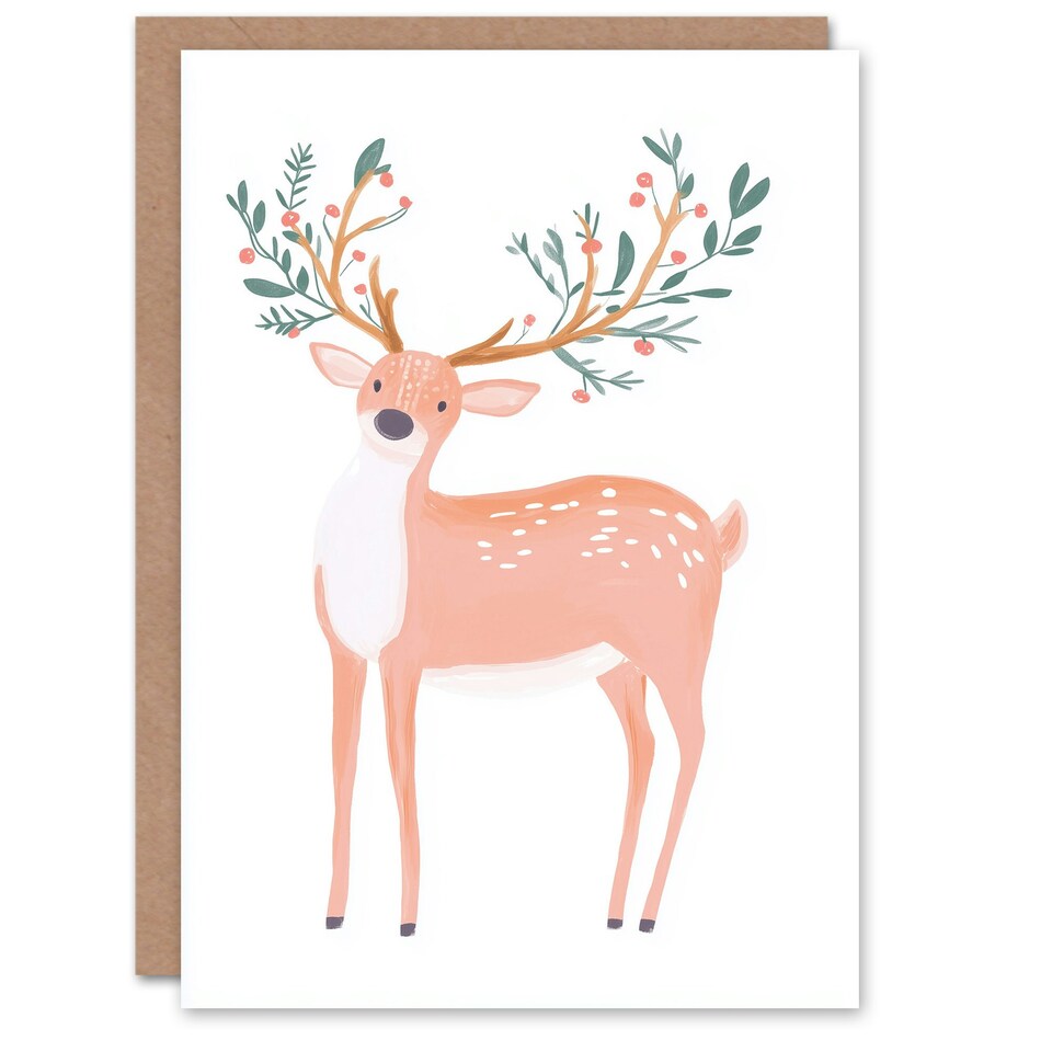 image 1 of Greeting Card Cute Deer with Decorated Antlers Watercolour For Her Woman Xmas Christmas Card