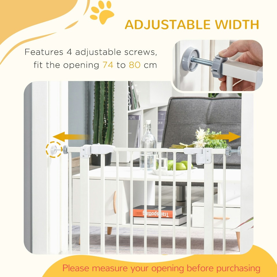 image 1 of PawHut 74-80cm Adjustable Metal Pet Gate Safety Barrier w/ Auto-Close Door White