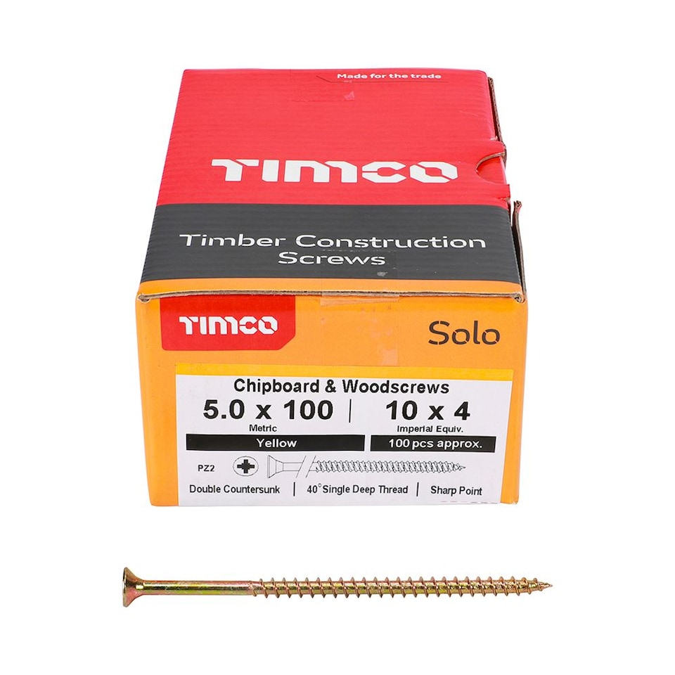 image 1 of Timco - Solo Chipboard & Woodscrews - PZ - Double Countersunk - Yellow (Size 5.0 x 100 - 100 Pieces)