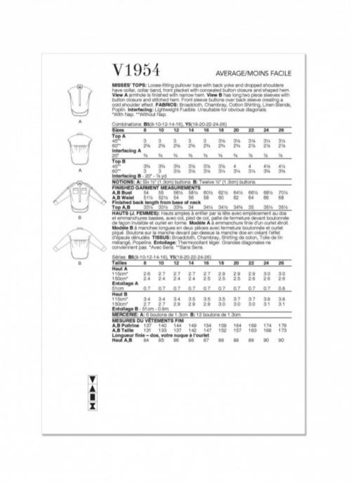 image 1 of Vogue 1954 Paper Sewing Pattern – Women’s Tops & Shirts, Size Y5 (18–20–22–24–26), Intermediate