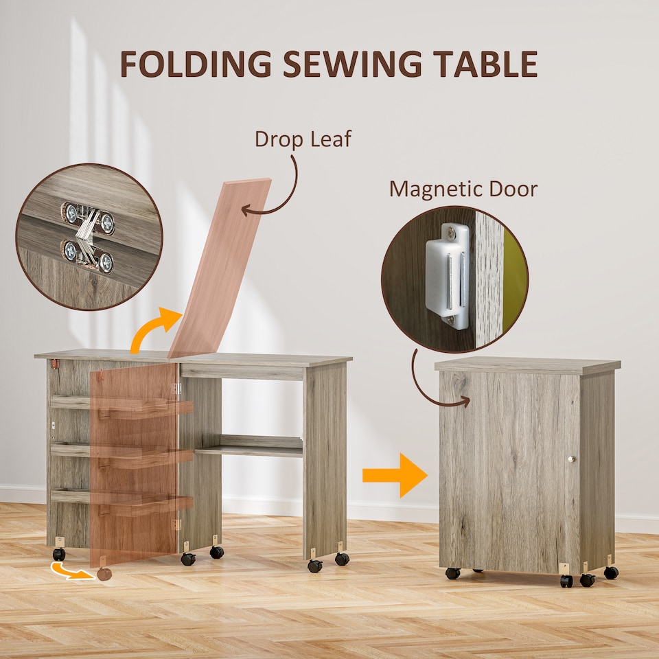 image 1 of HOMCOM Folding Sewing Table Rolling Craft Table with Drop Leaf Wheels Grey | Grey | Grey