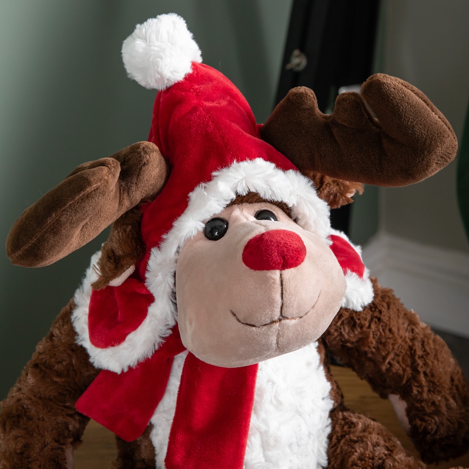 image 1 of 30cm Sitting Plush Christmas Reindeer with Red Hat & Scarf
