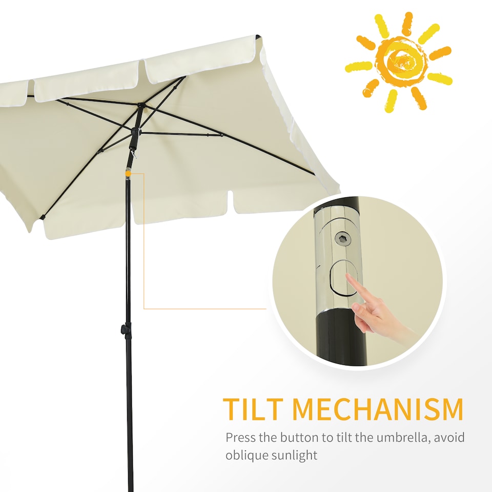 image 1 of Outsunny 2 x 1.3m Garden Parasol Umbrella, Outdoor Market Table Umbrella with Ruffles  Aluminium Pole, Rectangular Tilting Parasol Sun Shade Canopy, Cream White