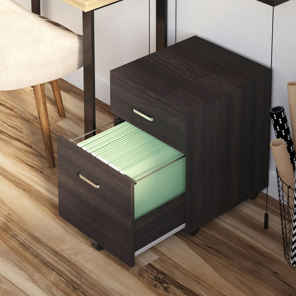 image 1 of Vinsetto 2-Drawer Locking Office Filing Cabinet 5 Wheels Rolling Storage Brown