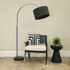 ValueLights Louis Black Arched Curved Floor Lamp with Charcoal Fabric Drum Lamp Shade