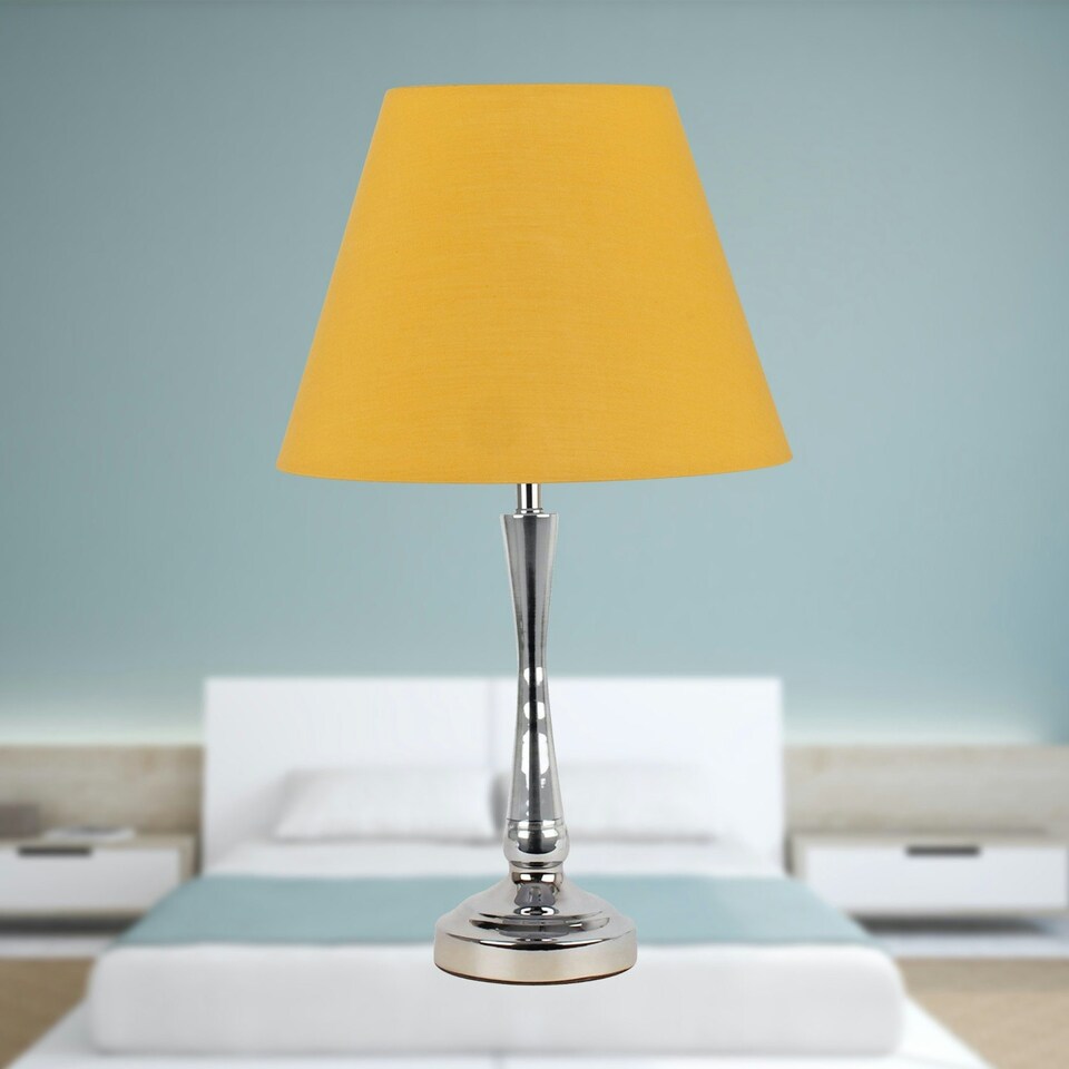 image 1 of Set of 2 Chrome Table Lamps with Stem Detail and Ochre Shades Chrome | Red