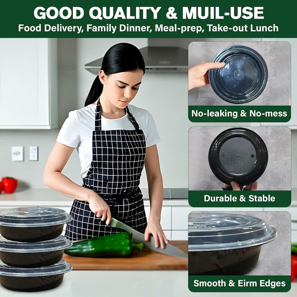 image 1 of ECONX 24oz Black Round Plastic Meal Prep Container With Lids Reusable BPA Free Food Containers 50pc
