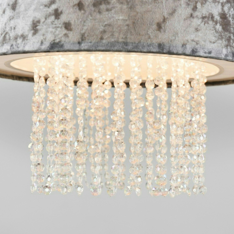 image 1 of ValueLights Silver Velvet Cylinder Ceiling Pendant Light Shade With Clear Acrylic Droplets