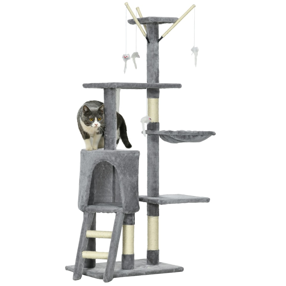 image 1 of PawHut Cat Tree for Indoor Cats, 135cm Scratching Post Climbing Tower, Grey