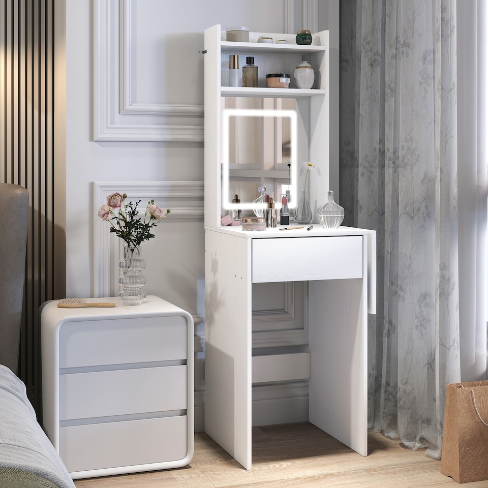 image 1 of HOMCOM Small Dressing Table with Mirror, Adjustable LED Lights, Drop Leaf Side, Vanity Desk with Open Shelves and Drawer, Compact Makeup Table for Small Spaces, Bedroom, White