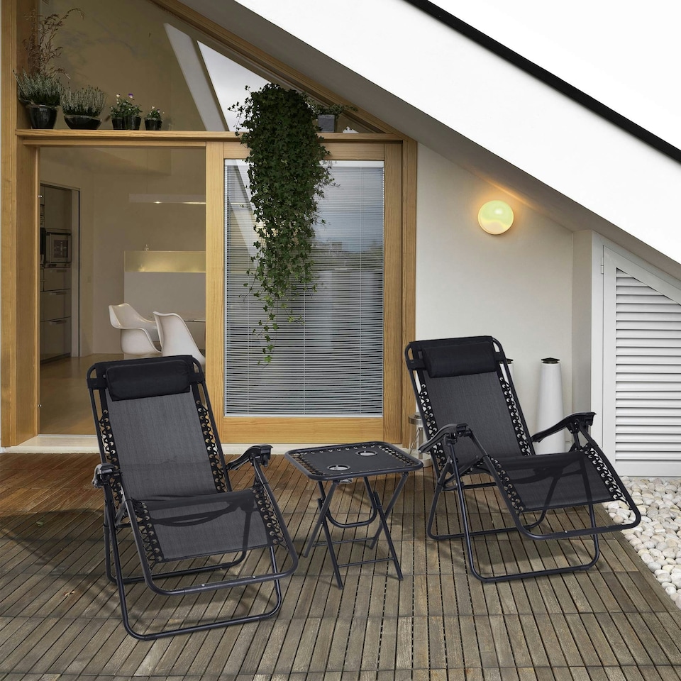 image 1 of Outsunny 3PC Zero Gravity Chairs Sun Lounger Table Set Black