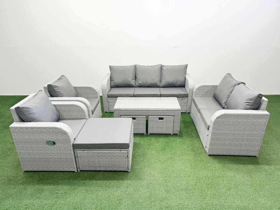 image 1 of Fimous PE Rattan Garden Furniture Set Adjustable Chair Sofa Double Love Seat 2 Seater Sofa Lounge Set Rectangular Coffee Table 3 Stools Light Grey