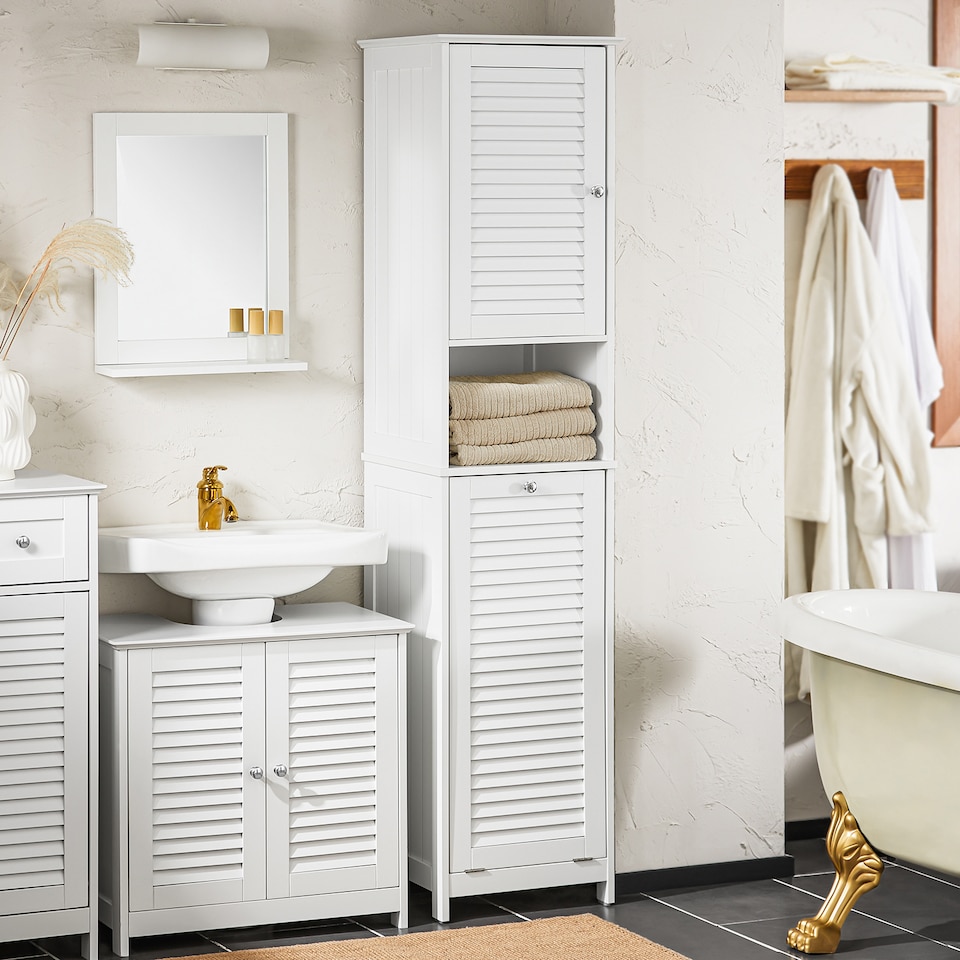image 1 of SoBuy BZR124-W,Tall Bathroom Storage Cabinet with Laundry Basket | White | White | 1